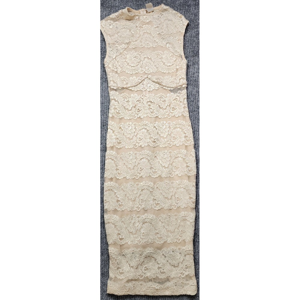 Windsor Cream Beige Floral Lace Illusion Bodycon Midi Dress RD11082D Womens M
